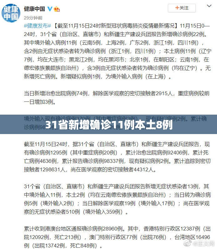 31省新增确诊11例本土8例(31省区市新增62例本土确诊) 31省新增确诊11例本土8例(31省区市新增62例本土确诊)